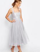 Little Mistress Tulle Midi Dress With Lace - Silver Gray