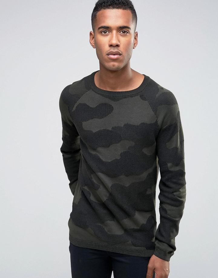 Jack & Jones Textured Camo Knitted Crew Neck Sweater - Green