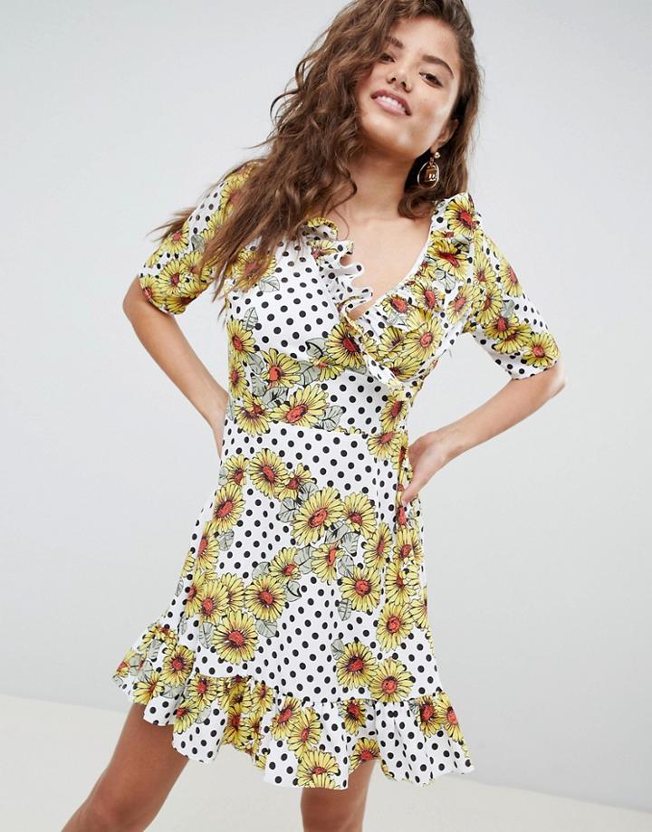 Asos Design Wrap Mini Skater Dress In Daisy Polka Dot - Multi