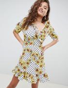 Asos Design Wrap Mini Skater Dress In Daisy Polka Dot - Multi