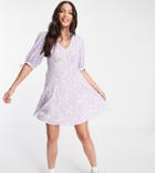 New Look Tall V Neck Tie Sleeve Mini Dress In Lilac Floral-purple