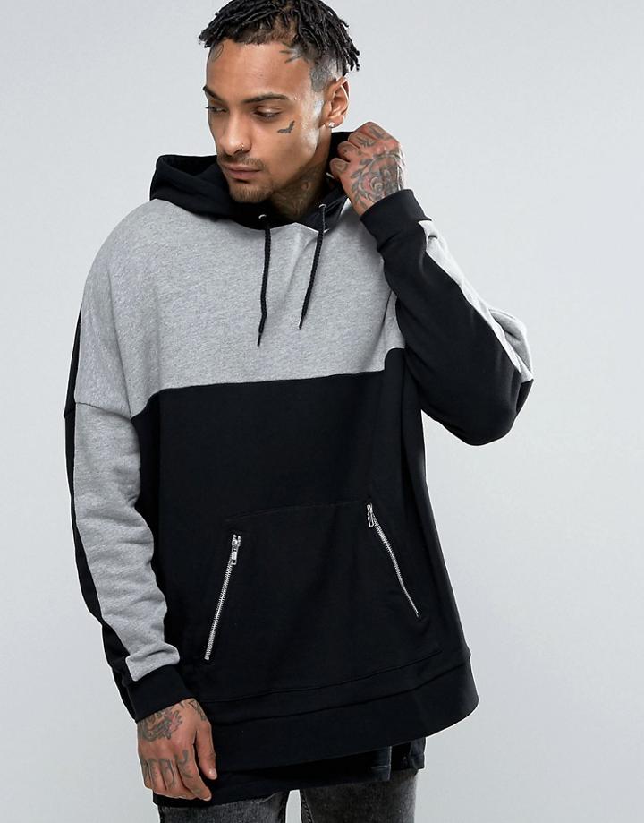 Asos Extreme Oversized Longline Hoodie With Cut & Sew Panels & Zip Poc