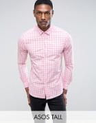 Asos Tall Stretch Slim Gingham Check Shirt In Pink - Pink