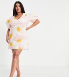 Asos Design Curve Plunge Puff Sleeve Aline Mini Dress In Oversized Floral Print-multi