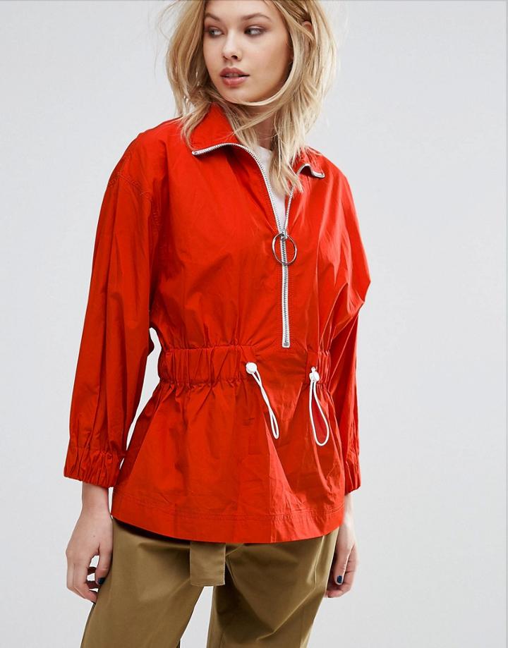 Mango Zip Up Head Over Anorak - Red