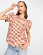 Y.a.s Puff Sleeve Blouse In Red & Cream Check-multi
