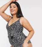 New Look Curve Belted Swimsuit In Mono Print-black