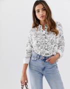 Asos Design Cropped Long Sleeve Shirt In Sketchy Dinosaur Print - Multi