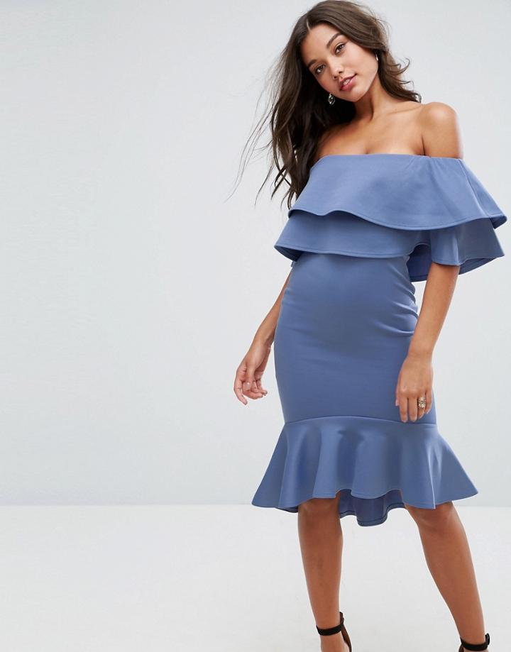 Asos Double Ruffle Bardot Pephem Bodycon Midi Dress - Multi