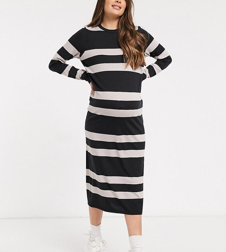Asos Design Maternity Long Sleeve T-shirt Midi Dress In Camel And Black Stripe-neutral