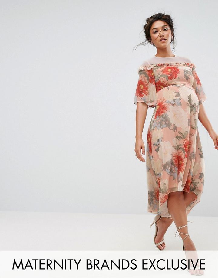 Hope & Ivy Maternity Printed Kimono Midi Dress With Lace Trim - Multi