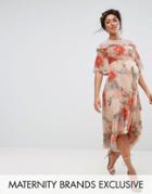 Hope & Ivy Maternity Printed Kimono Midi Dress With Lace Trim - Multi