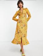 Damson Madder Recycled Polyester 70s Floral Button Through Midi Dress In Warm Yellow