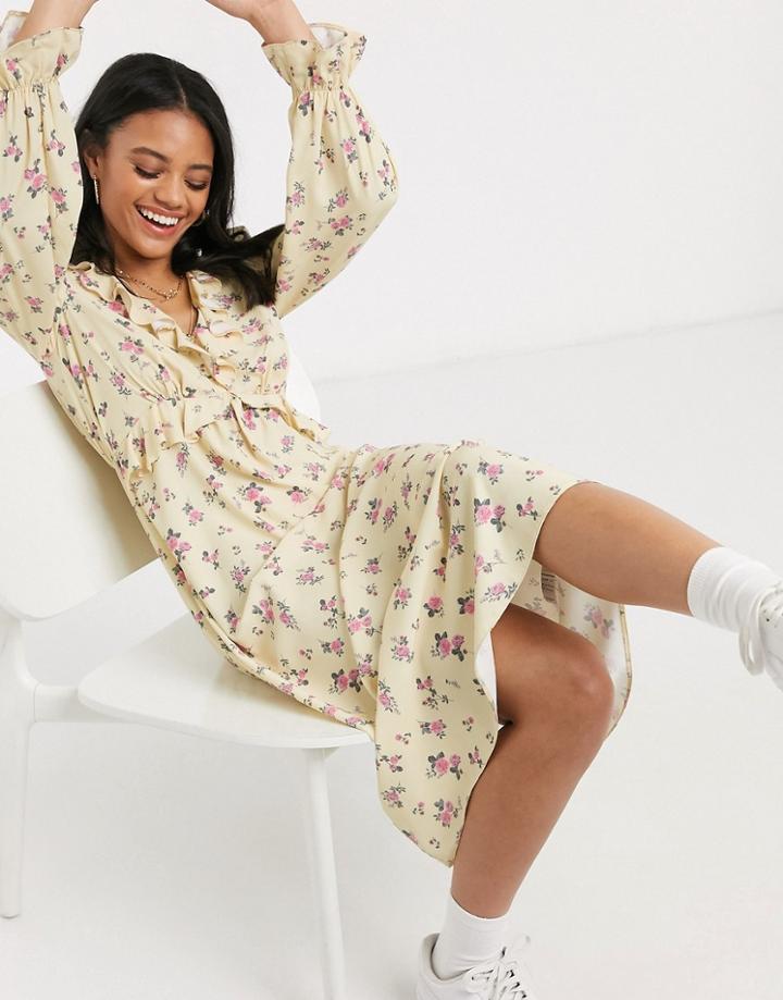 New Look Frill Tie Up Detail Midi Dress In Yellow Floral Print