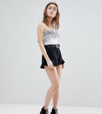 Lost Ink Petite High Waist Short With Ruffle Hem - Black