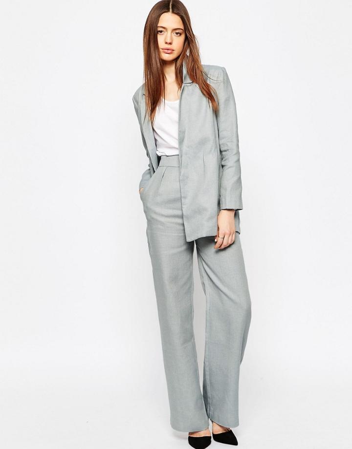 Asos Wide Leg Suit Trouser In Linen - Blue