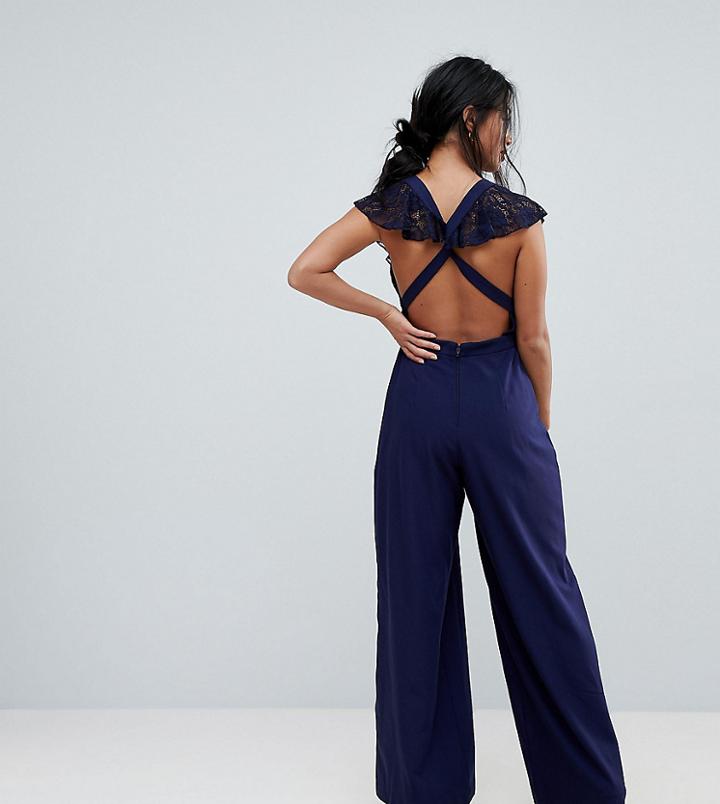 Asos Petite Wrap Lace Jumpsuit With Wide Leg - Navy