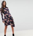 Asos Tall Mini Dress With Hanky Hem And Frill Cuff In Spot Floral Print - Multi