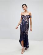 Jarlo All Over Lace Off Shoulder Fishtail Midaxi Dress - Navy