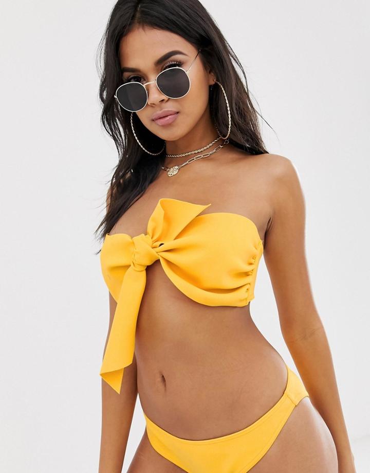 Asos Design Neoprene Bow Front Bandeau Bikini Top In Golden Yellow - Yellow