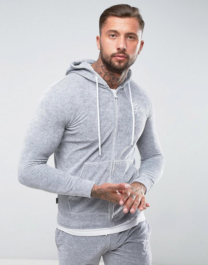 Gym King Zip Through Hoodie In Gray Velour - Gray