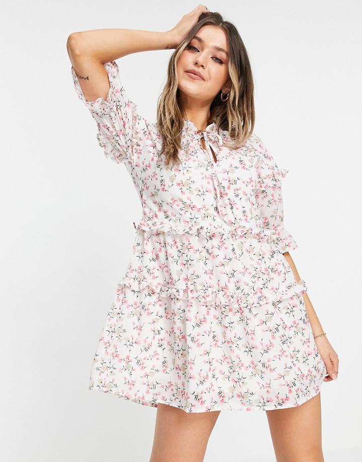 Influence Mini Dress In White Floral Print-multi