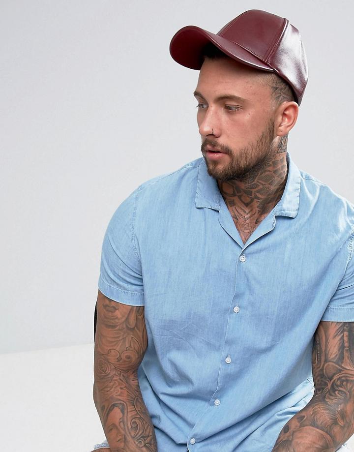 Asos Baseball Cap In Burgundy Faux Leather - Red