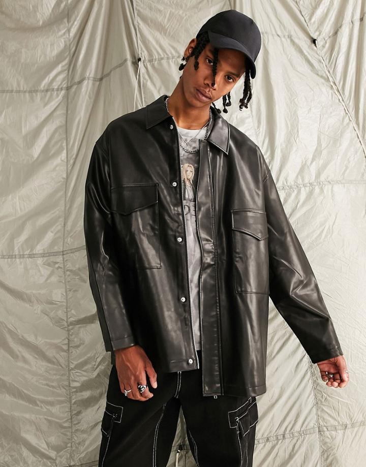 Asos Design Oversized Faux Leather Coach Jacket In Black