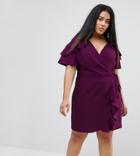 Asos Curve Mini Wrap Dress With Ruffle Sleeve - Purple