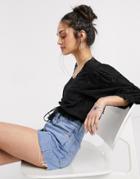 Urban Bliss Square Neck Puff Sleeve Crop Top With Frill Detail In Black