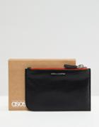Asos Design Leather Zip Top Wallet In Black With Contrast Orange Trim - Black