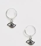 Asos Design Sterling Silver Hoop Earrings With Hanging Eye Charm - Silver