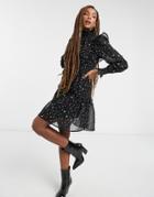 Violet Romance High Neck Mini Smock Dress In Star Print-black