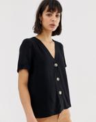 Asos Design Boxy Top With Contrast Buttons-black