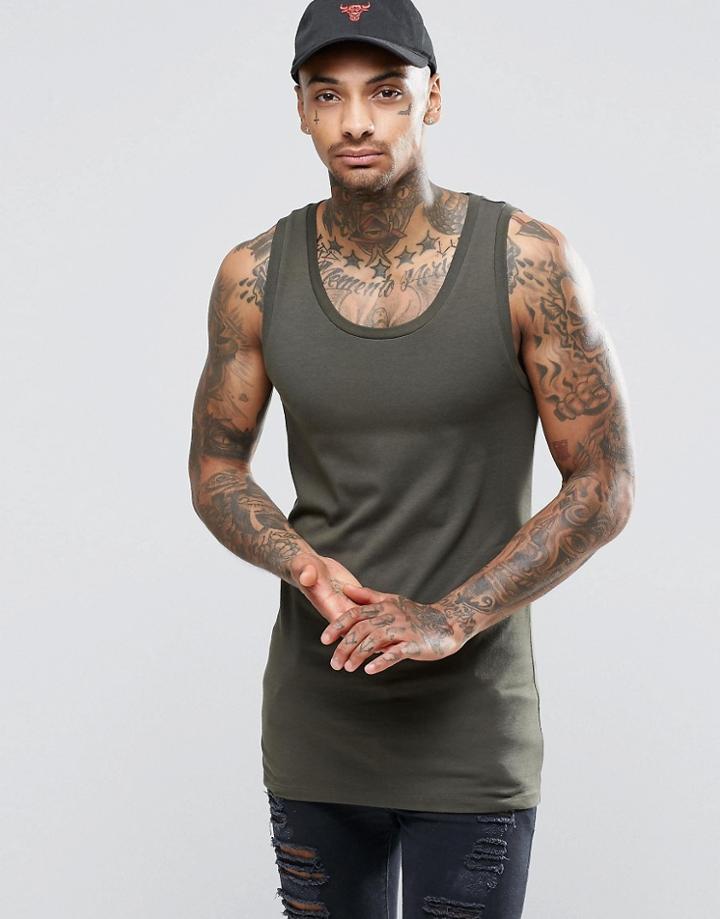 Asos Longline Muscle Vest In Khaki - Green