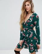 Nobody's Child Wrap Front Mini Dress In Floral Print - Green
