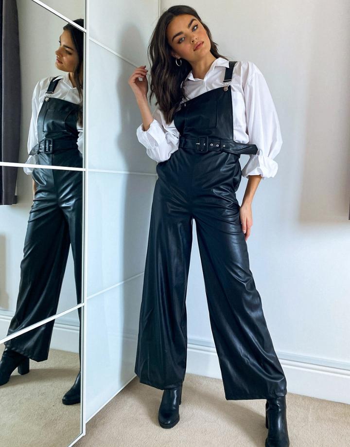 Asos Design Pu Wide Leg Overalls In Black