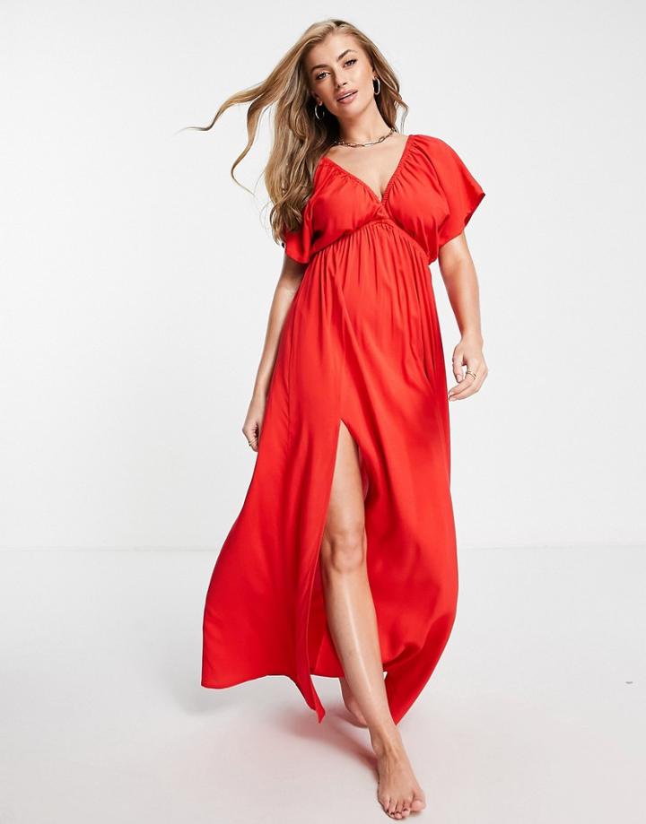Asos Design Fuller Bust Flutter Sleeve Maxi Beach Dress In Red - Red