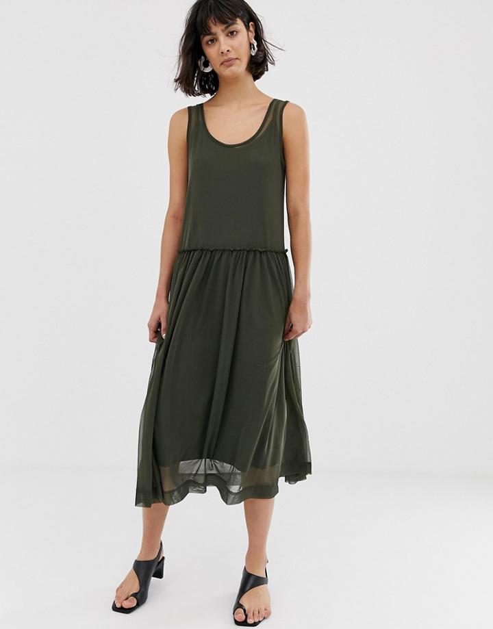Selected Femme Printed Mesh Midi Dress-green