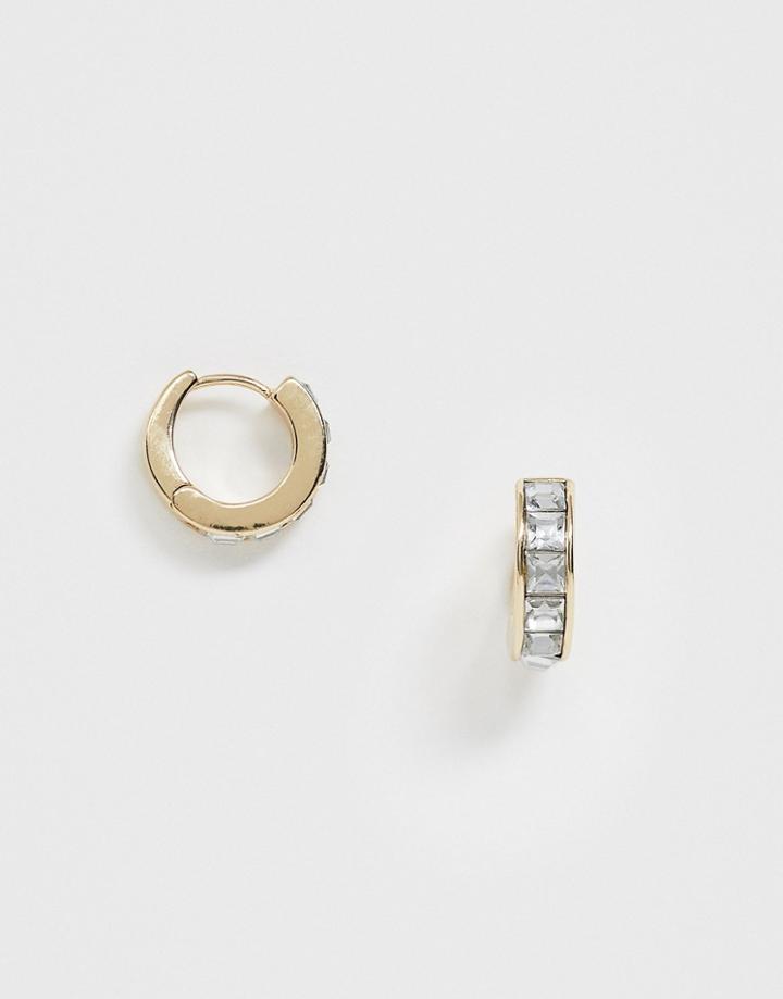 Asos Design Small Hoop Earrings With Crystal In Gold Tone - Gold