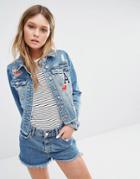 New Look Raw Edge Badge Denim Jacket - Blue