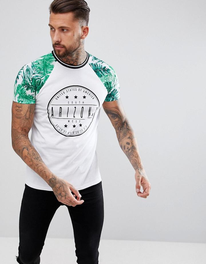 Asos Design Raglan T-shirt With Floral Sleeves And City Print - White