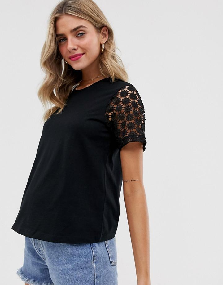 Asos Design T-shirt With Lace Sleeve-black