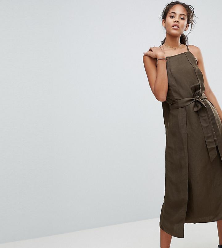 Asos Design Tall Linen Midi Dress With Tie Detail - Multi