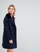 Warehouse Double Breasted Faux Fur Collar Coat - Navy