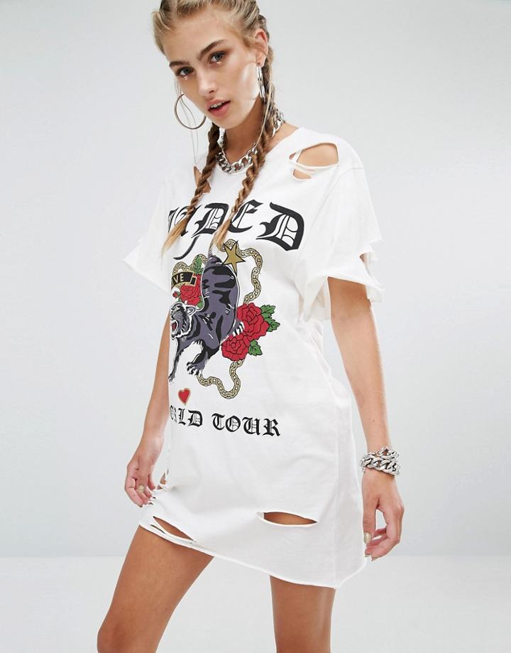 Jaded London Distressed Rock T-shirt Dress - Cream