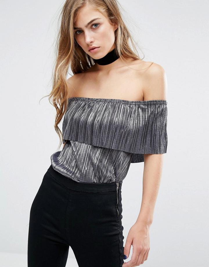 Miss Selfridge Frill Strap Plisse Bardot Top - Gray