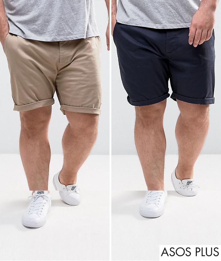 Asos Design Plus 2 Pack Slim Chino Shorts In Stone & Navy Save-multi