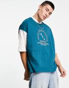 Asos Design Oversized T-shirt In Blue And Ecru Color Block With San Francisco City Print-blues
