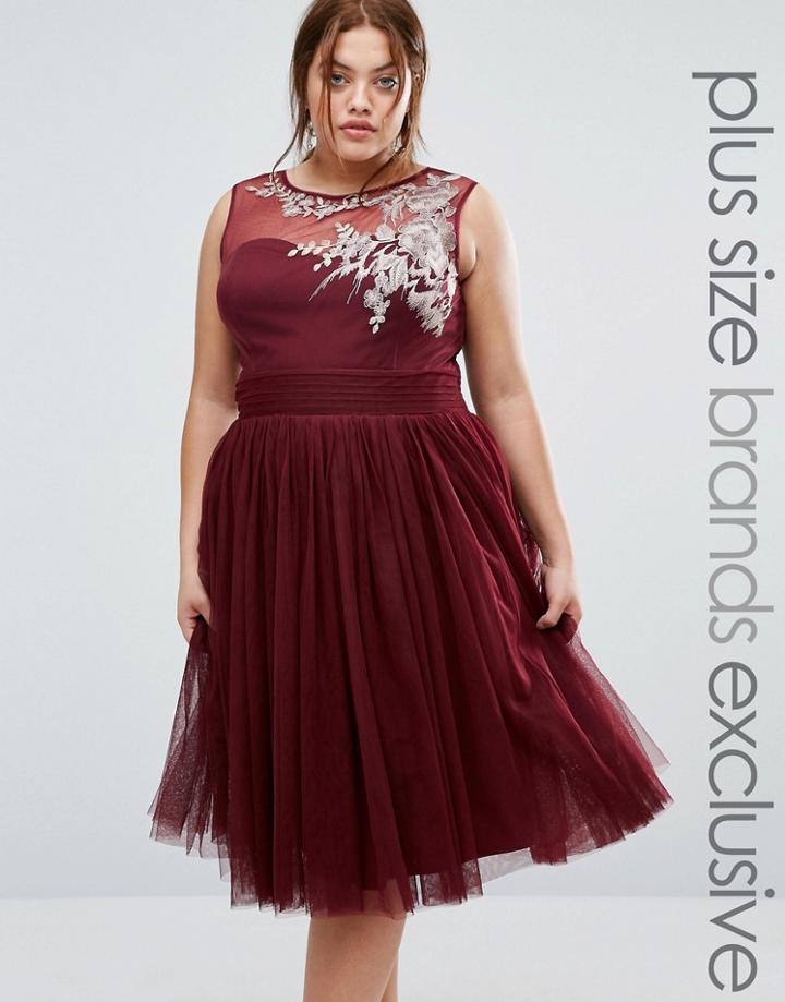 Little Mistress Plus Embroidered Mesh Neckline Skater Dress - Red